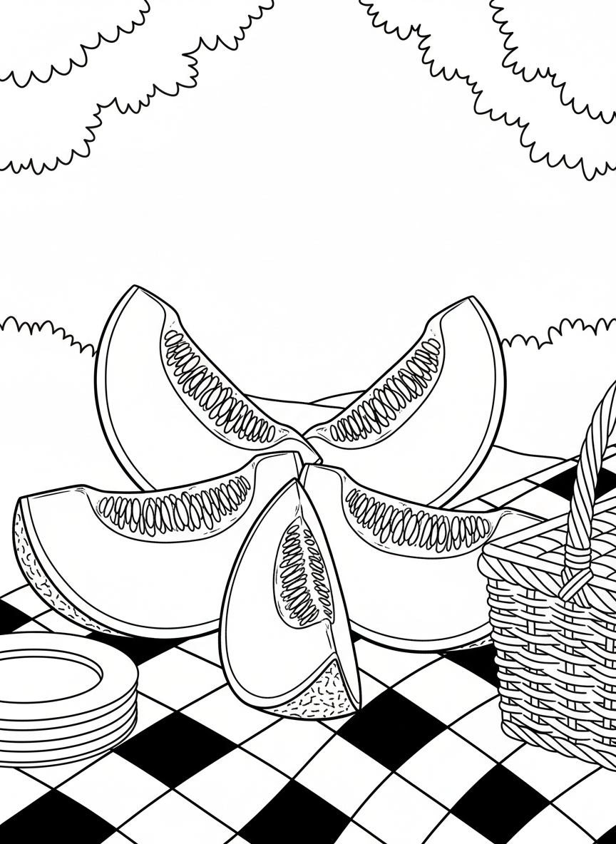 A cantaloupe melon cut into wedges arranged in a fan pattern, showing texture and seeds
