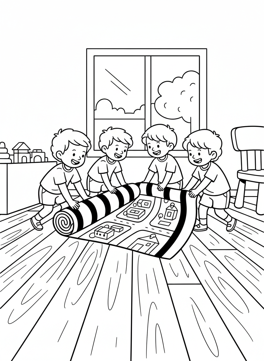 Children working together to roll up a play mat, teamwork in action, open floor space around them
