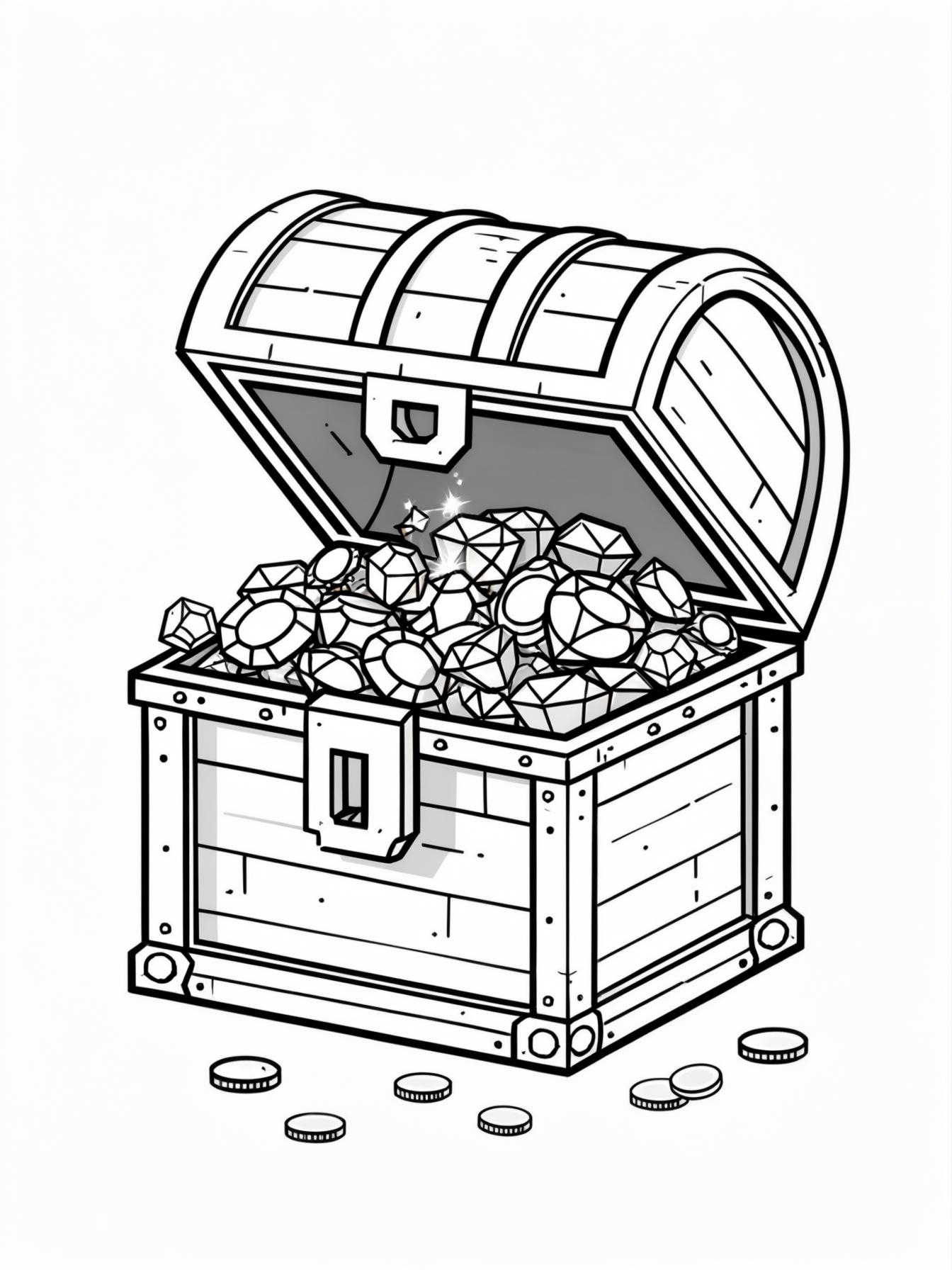 Treasure Chest: A pixelated, blocky treasure chest (loot box) opening up to reveal glowing gems and coins.