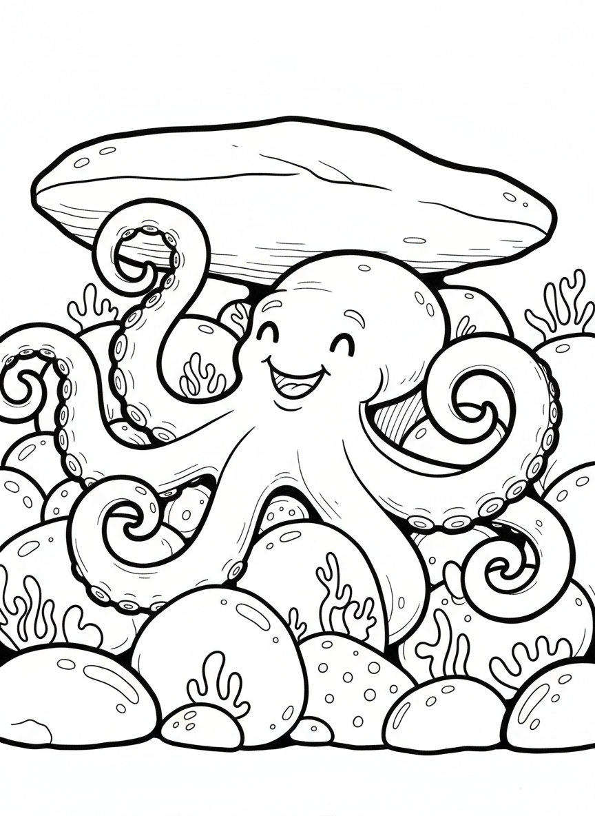 A smiling octopus hiding between tide pool rocks with its eight tentacles curled around different stones
