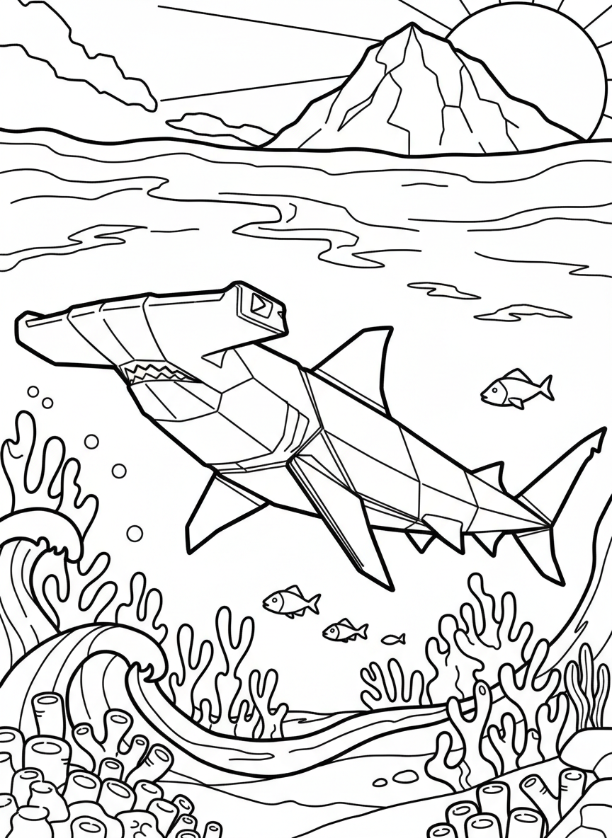 An origami hammerhead shark with distinctive angular head shape, showing paper fold lines and geometric body structure