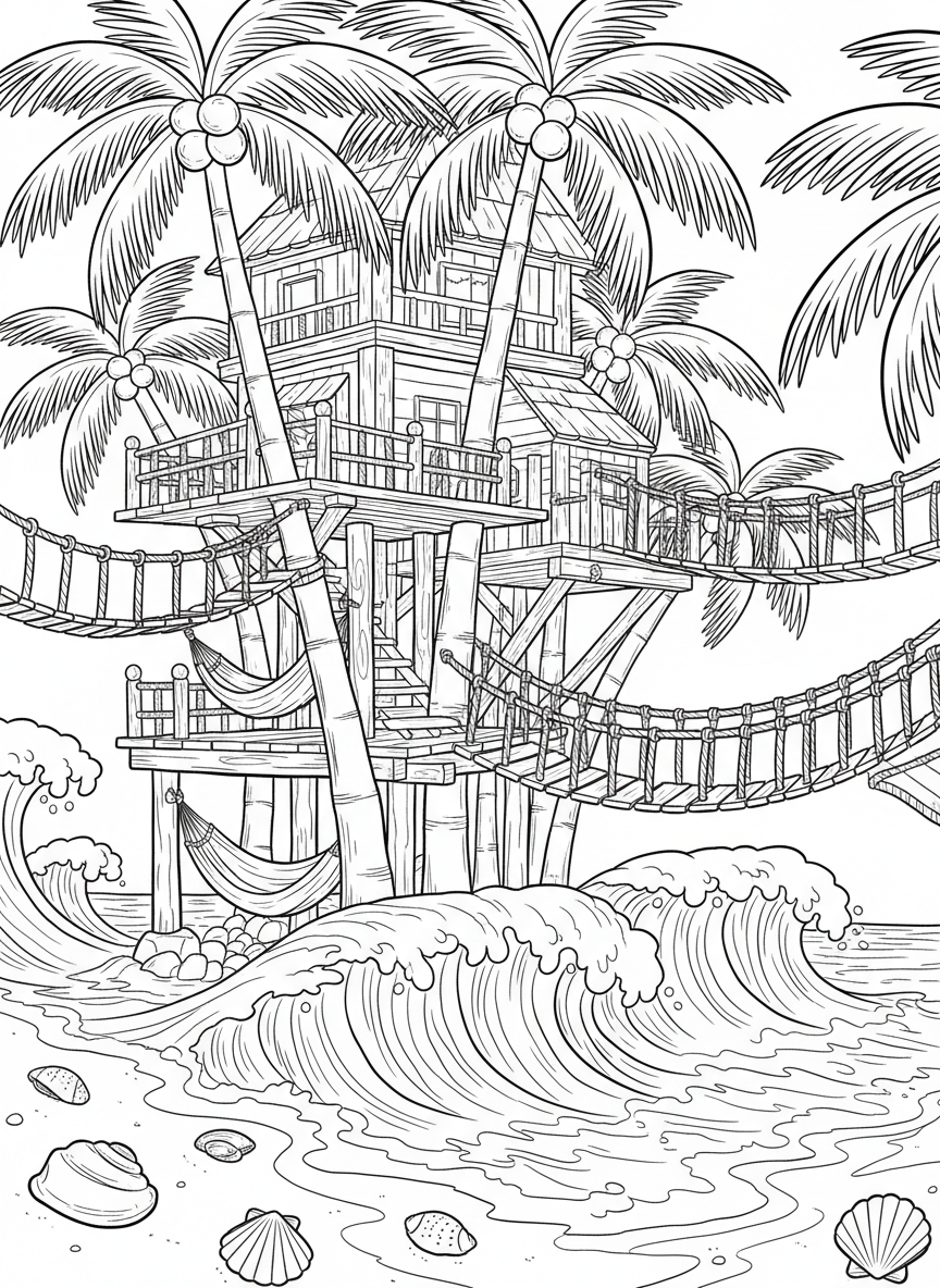 A beach-side treehouse built in palm trees with rope bridges, ocean waves visible in the distance, seashells on the ground below