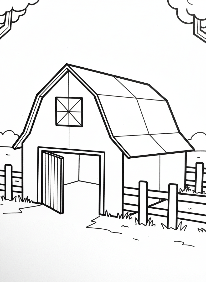 An origami barn with a large sliding door, hayloft window, and geometric roof folds, surrounded by a simple paper-folded fence.
