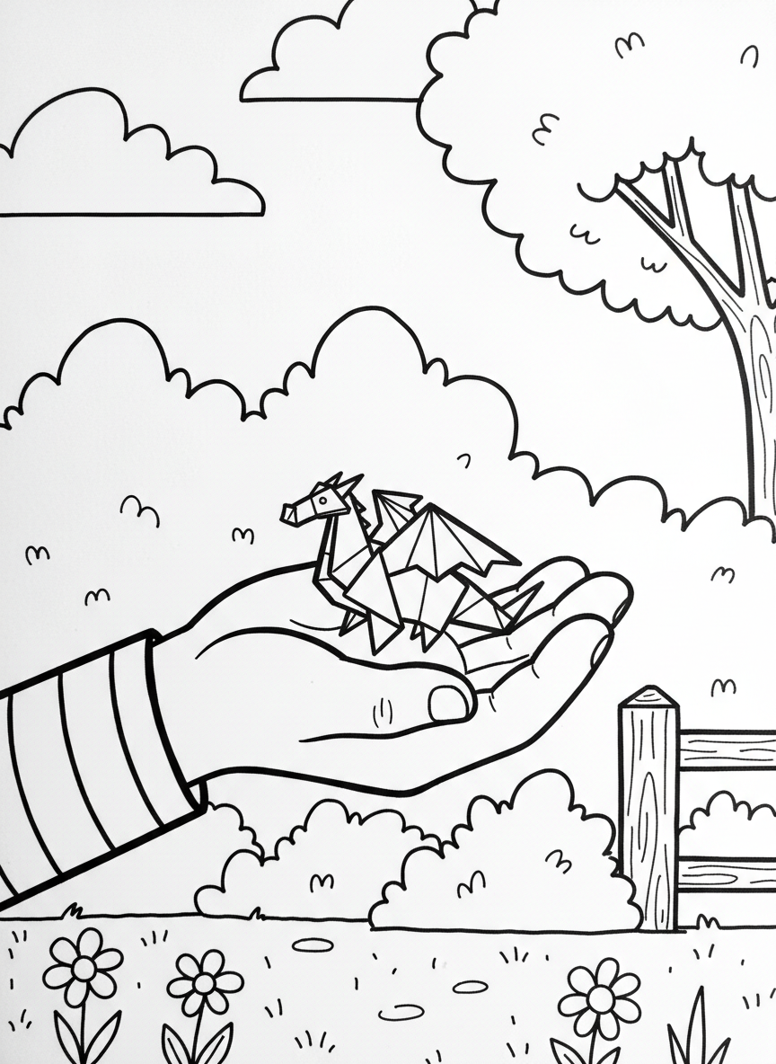 A tiny origami dragon perched on a child's hand, emphasizing the small scale with simple geometric shapes and basic fold patterns.