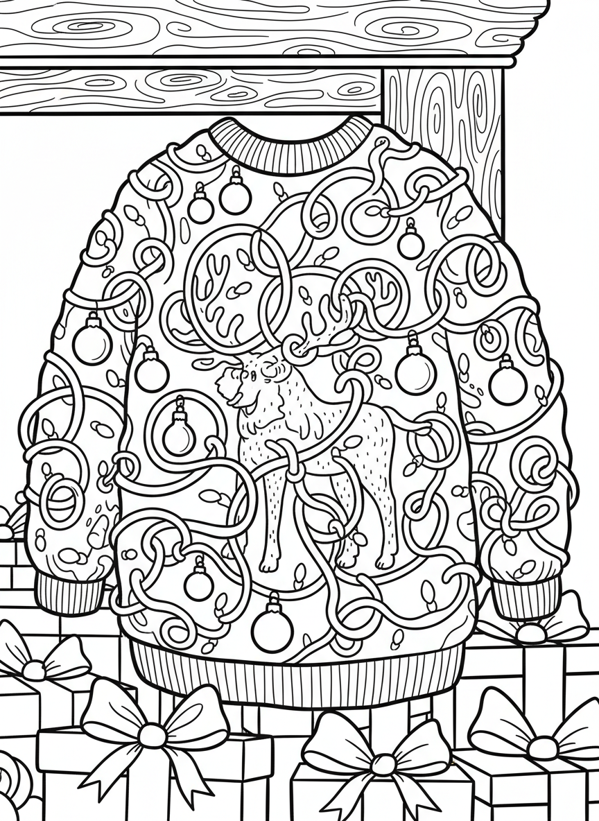 An ugly Christmas sweater covered in tangled string lights that loop and swirl all over, with a few ornament shapes hanging from the light strands.