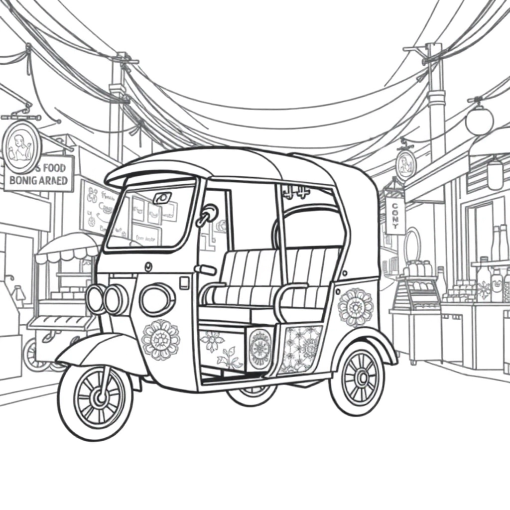 a tuk tuk with roof, sides, and wheels divided into symmetrical sections. Place the tuk-tuk on a lively street scene: food vendor carts, hanging signs, and small market stalls line the sides of the street.