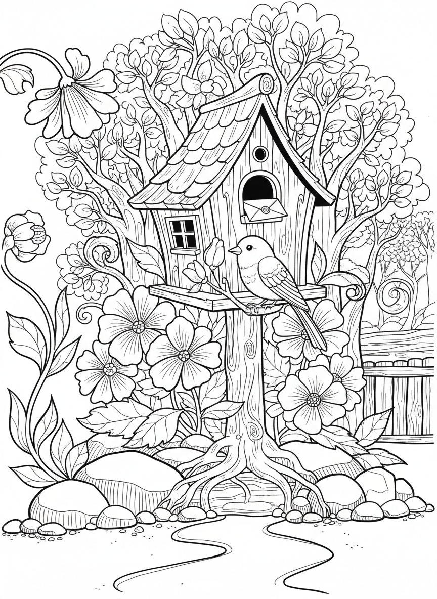 A decorative birdhouse mailbox design with a songbird delivering a letter, flowers around the base