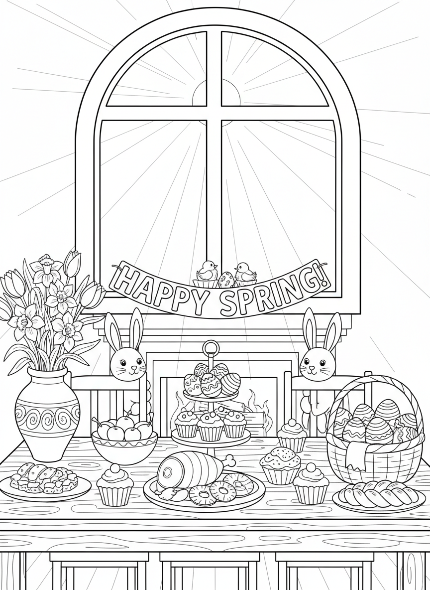 Easter coloring page prompts celebrating springtime, renewal, family gatherings, and seasonal joy.	An Easter table decorated with colorful eggs, flowers, and festive dishes as sunlight fills the room.
