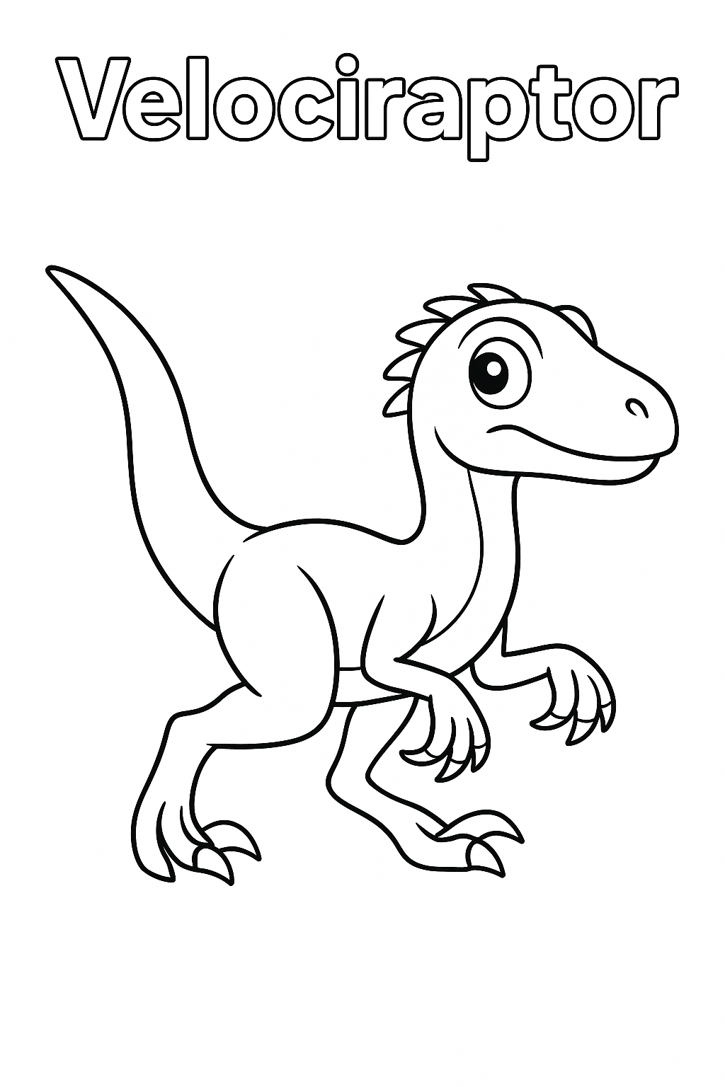 A fast Velociraptor with a curious expression, in a dynamic pose. The words "Velociraptor" on top, nothing else is written