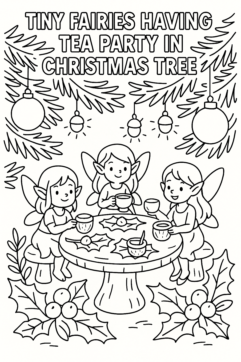 Tiny fairies having tea party in Christmas tree, acorn cups, mushroom table, firefly lights, holly leaf plates, dewdrop drinks, thick outlines, miniature magical holiday gathering