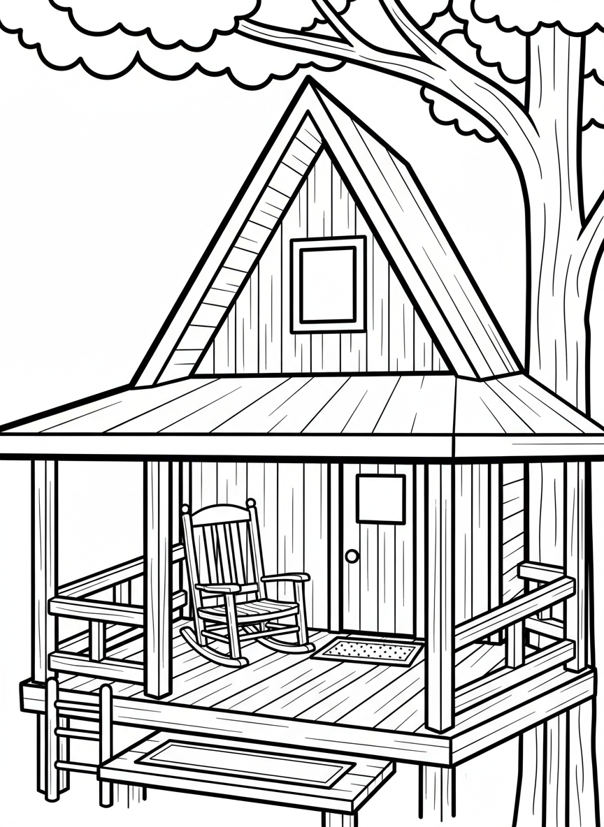 A simple A-frame treehouse with a porch, rocking chair, and a welcome mat at the doorway.