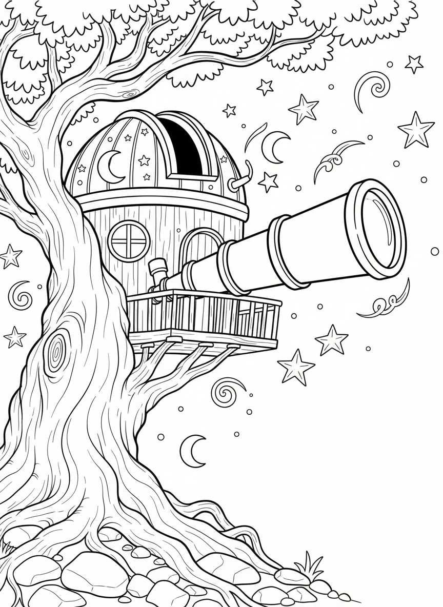 A treehouse with a telescope poking out of a dome-shaped observatory roof, surrounded by stars and moon decorations.