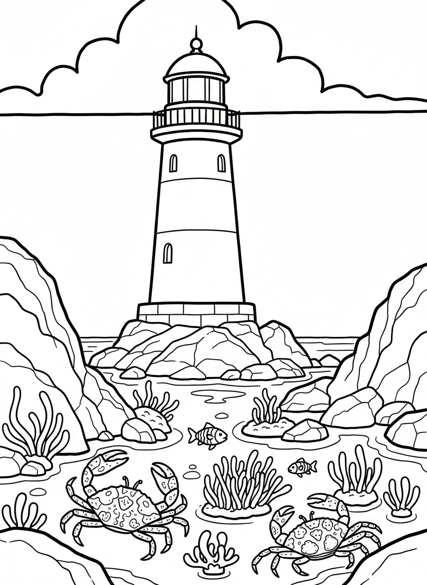 A red and white lighthouse surrounded by tide pools filled with crabs, sea anemones, and small fish, detailed scene for older kids