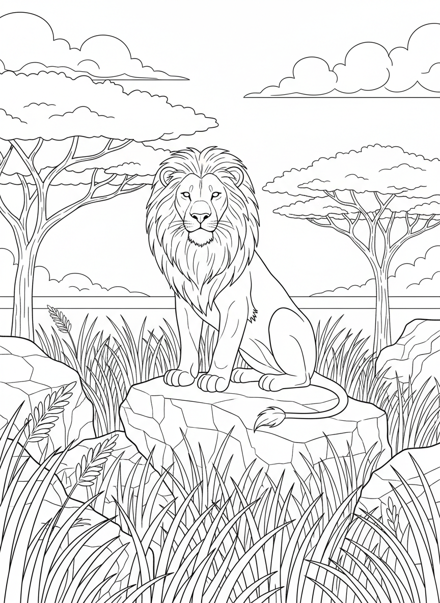 A majestic lion sitting on a rock with a flowing mane, surrounded by tall savanna grass, simple line art coloring page