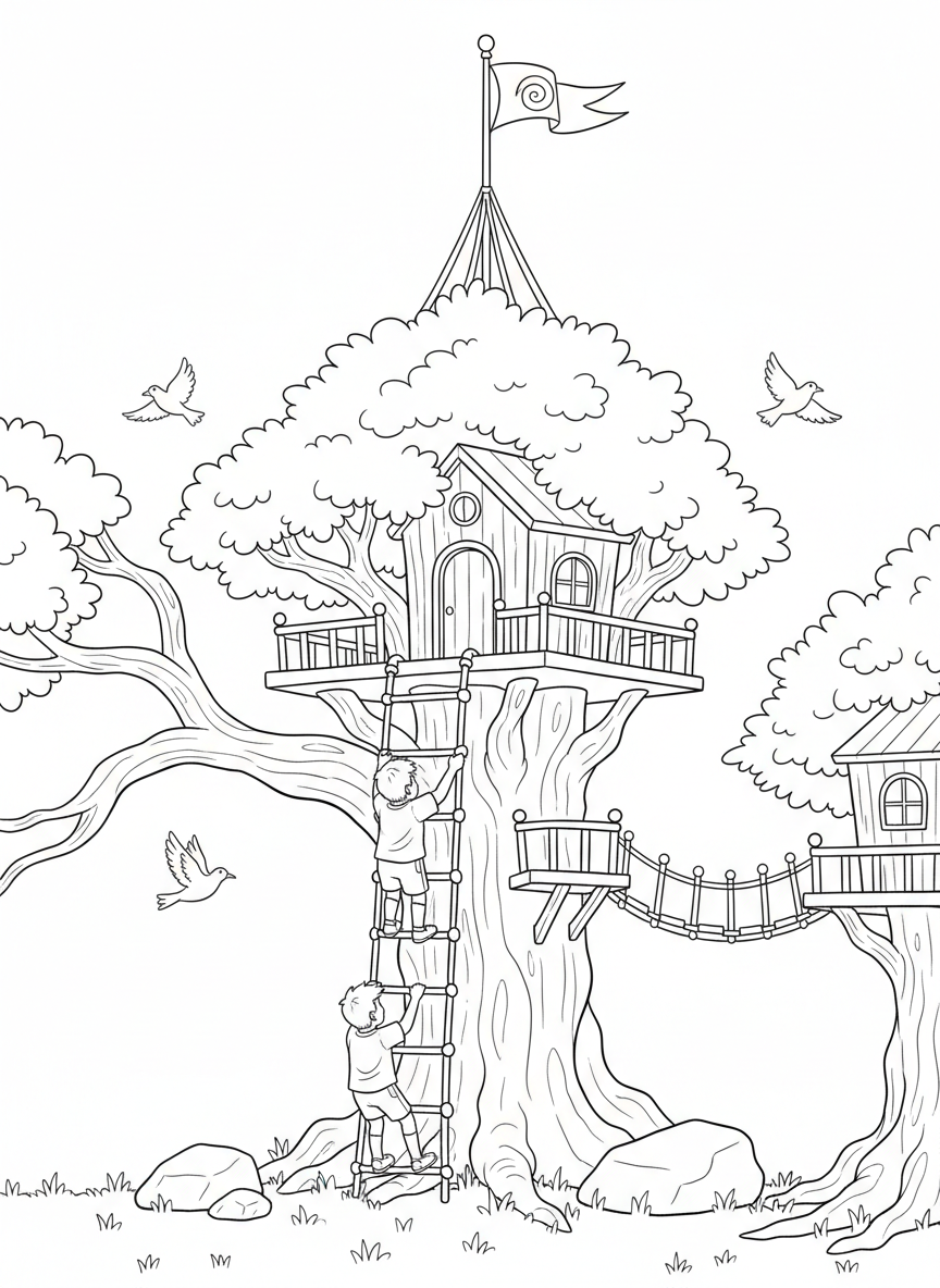 Two children climbing a rope ladder up to a multi-level treehouse with a flag on top and birds flying nearby
