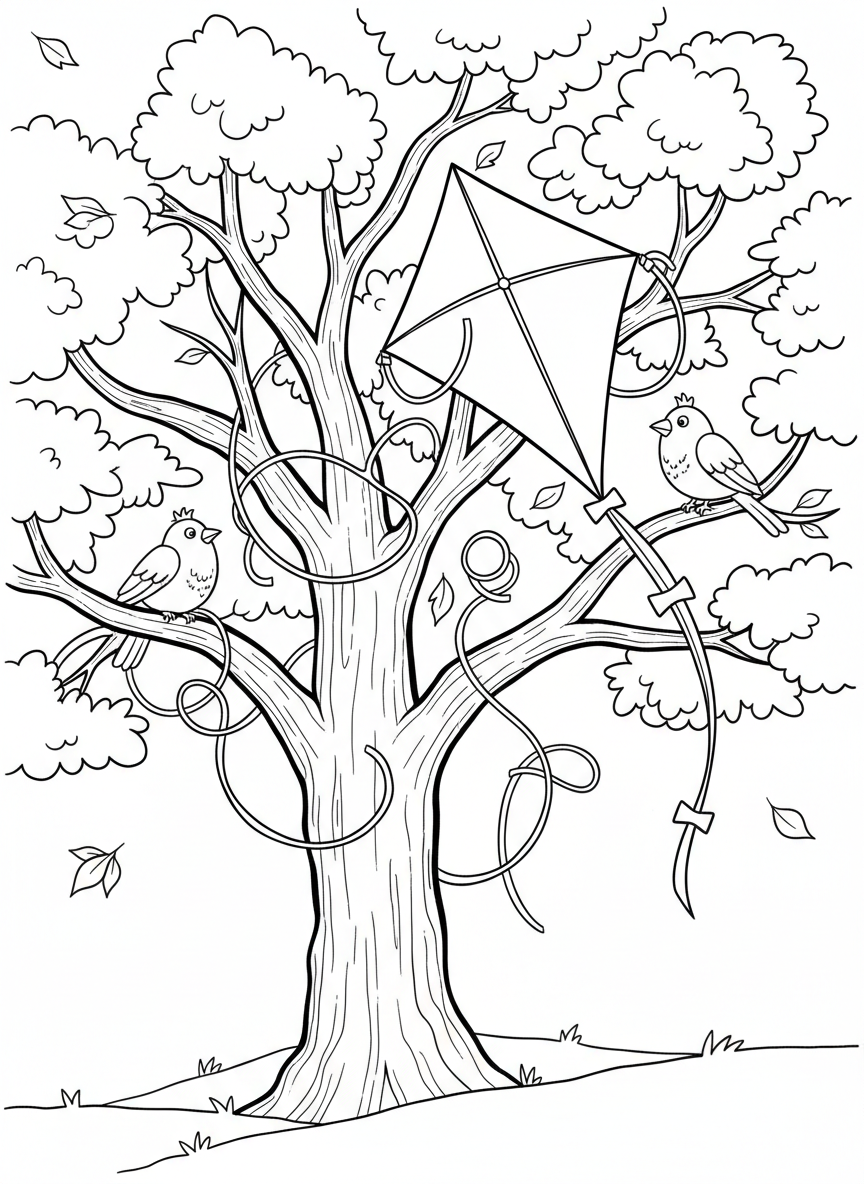 A simple triangular kite caught in a tree with its string tangled in branches, birds perched nearby, outdoor scene.