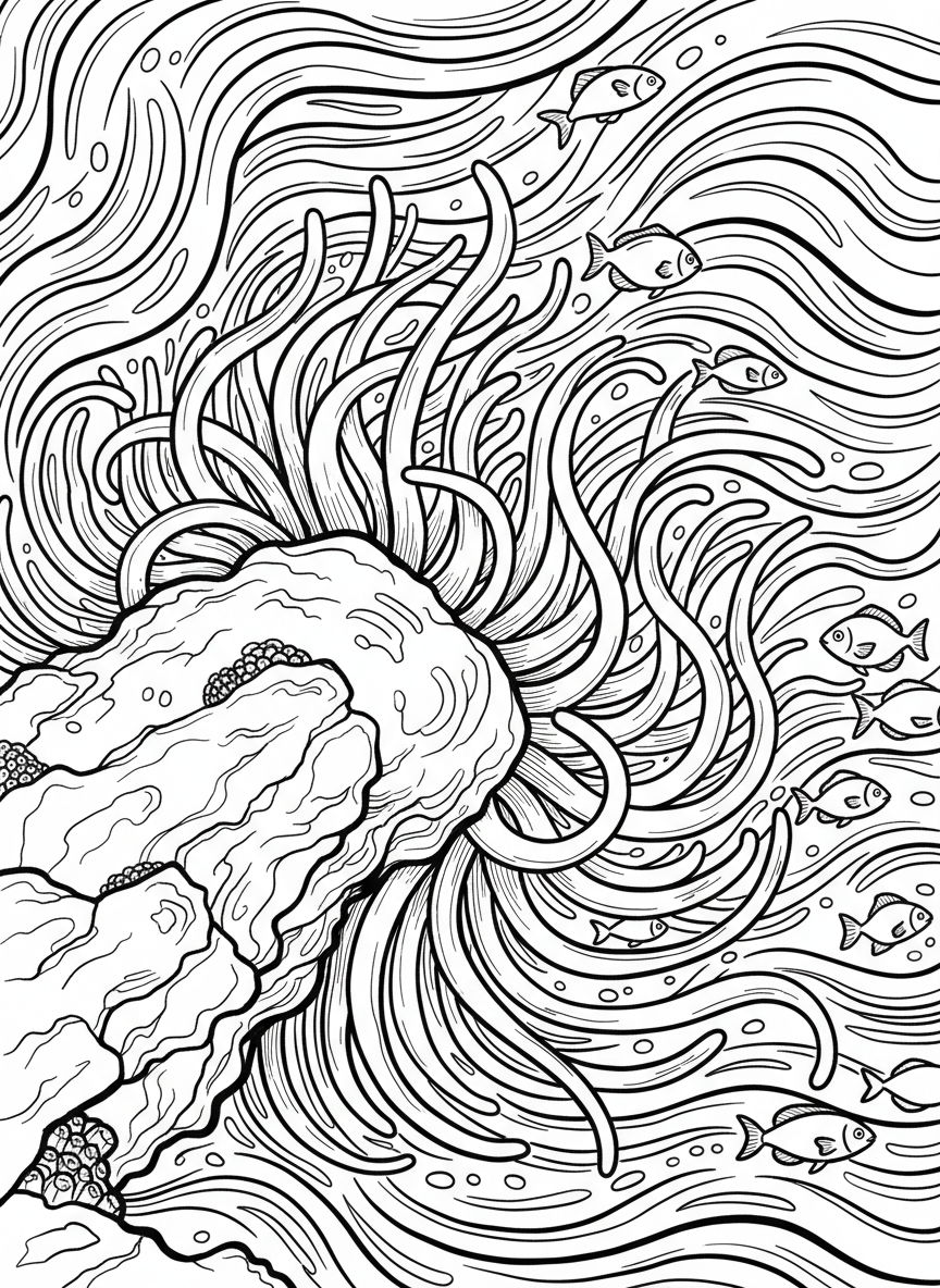 A sea anemone with flowing tentacles attached to a rock, small fish swimming nearby, detailed wavy lines creating movement in the water.