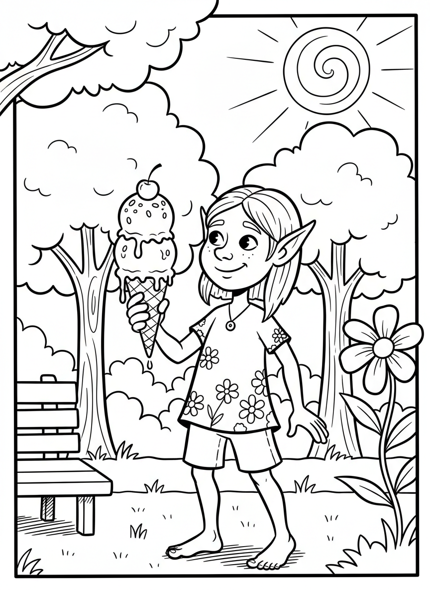 A whimsical elf character with long ears holding an ice cream cone, summer treat theme, simple coloring design