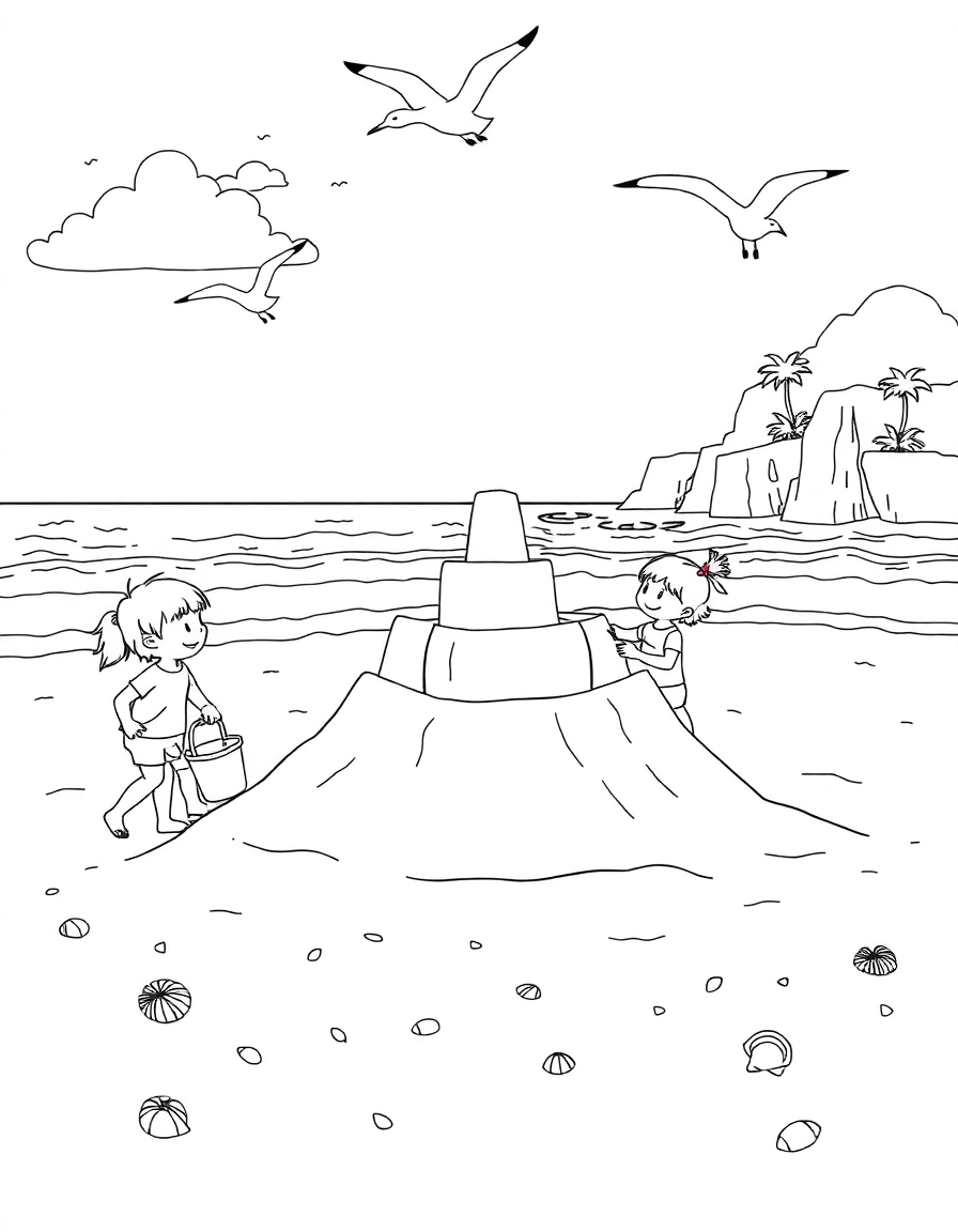 A sunny beach scene with kids building a large sandcastle using buckets and shovels. Gentle waves roll in, seagulls soar above, and seashells scatter across the sand. Palms and cliffs in the distance.