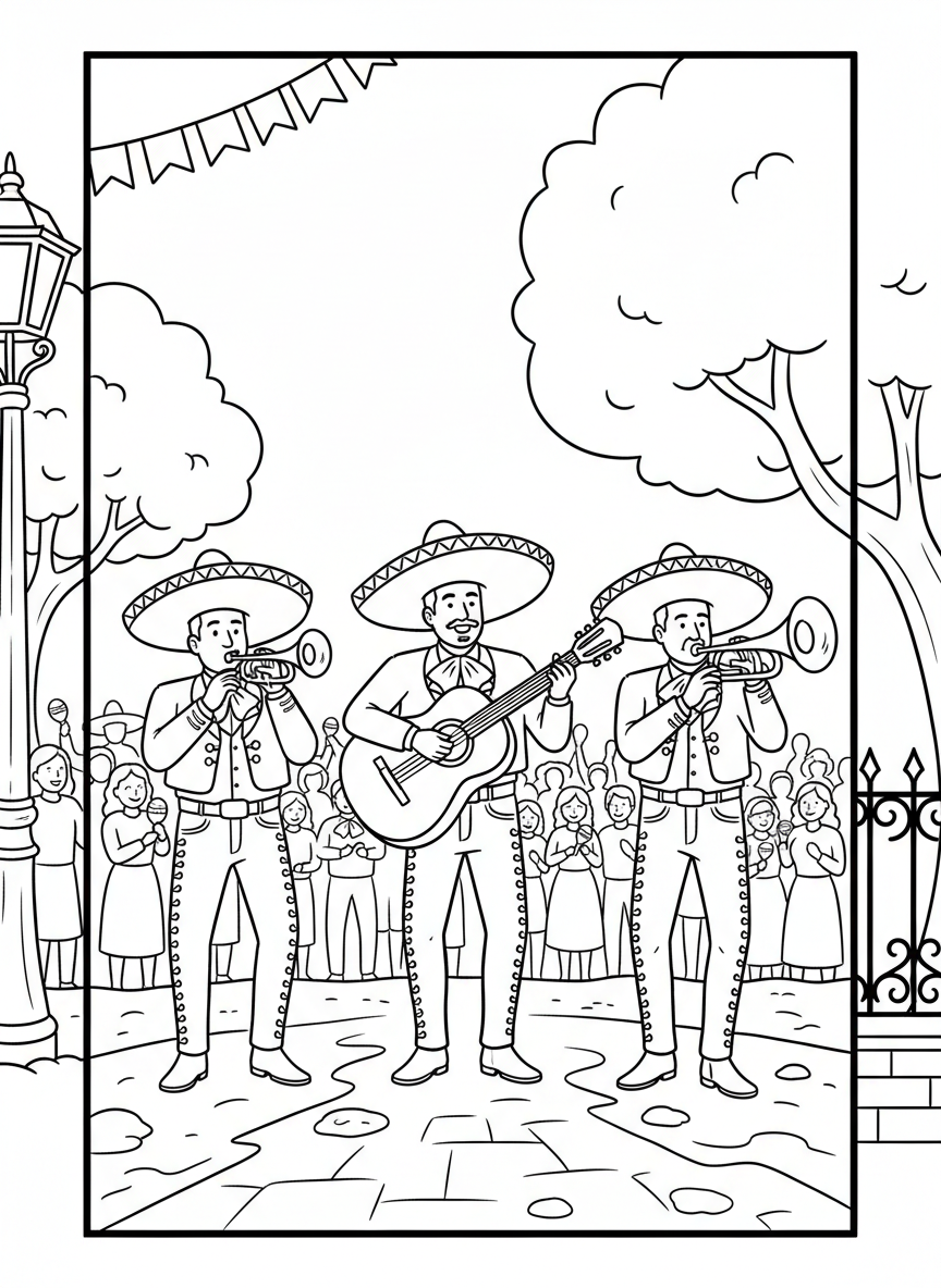 A mariachi band with guitars, trumpets, and traditional outfits performing at an outdoor festival, musical celebration theme
