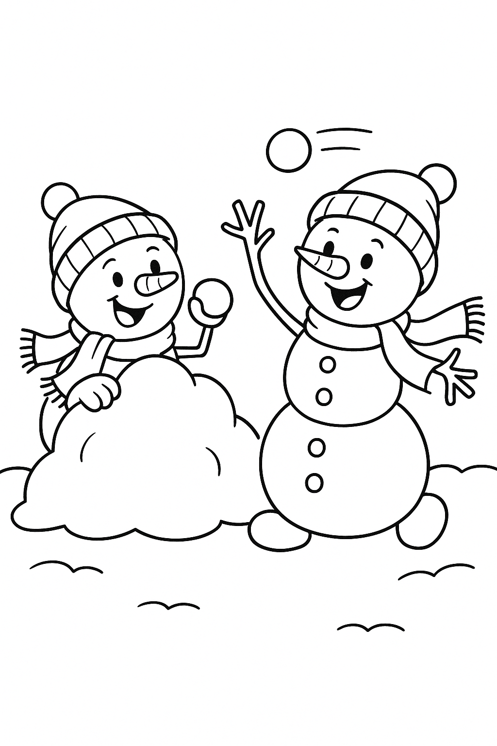 Two snowmen having a silly snowball fight, one ducking behind a snow mound and the other mid-throw.