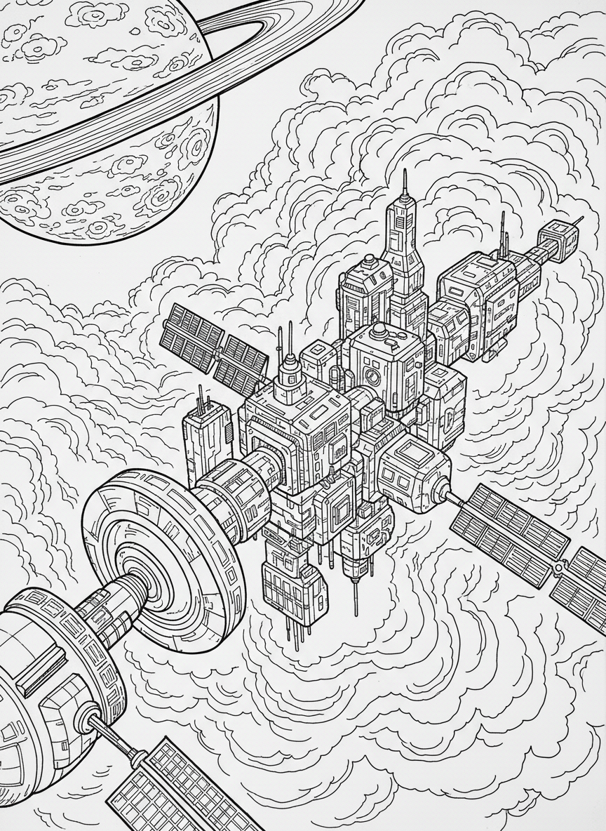 A futuristic space station orbiting a distant planet, with glowing modules and colorful nebula clouds beyond.