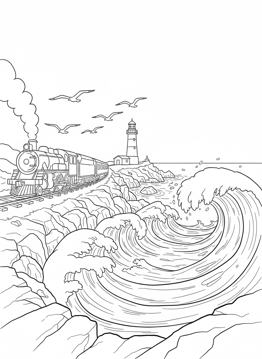 A scenic coastal railway with a train traveling along tracks beside the ocean, with waves, seagulls, and a lighthouse visible.
