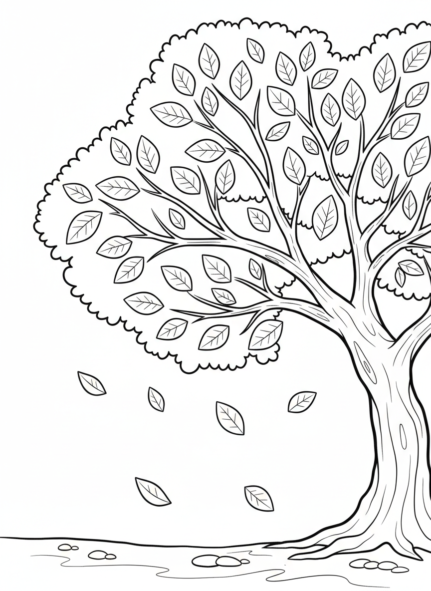 A tree with 100 leaves on its branches, some falling, representing 100 days of growth and learning