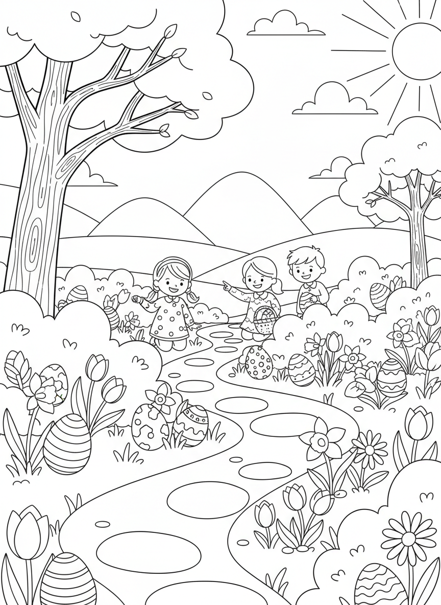 Easter Egg Hunt coloring page prompts featuring playful outdoor searches, colorful eggs, and joyful springtime fun.	Eggs hidden along a winding path, spring flowers blooming all around.