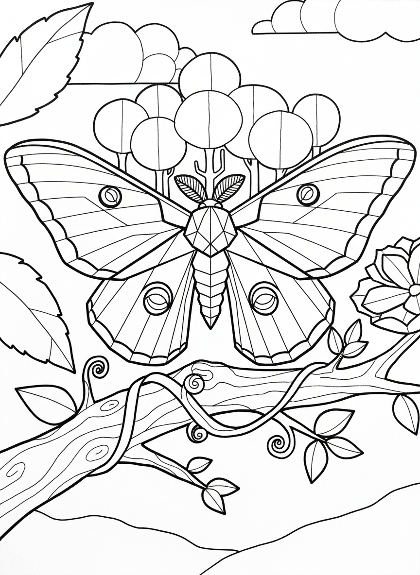 An origami atlas moth with large feathered wings and eye-spot patterns, resting position with wings open