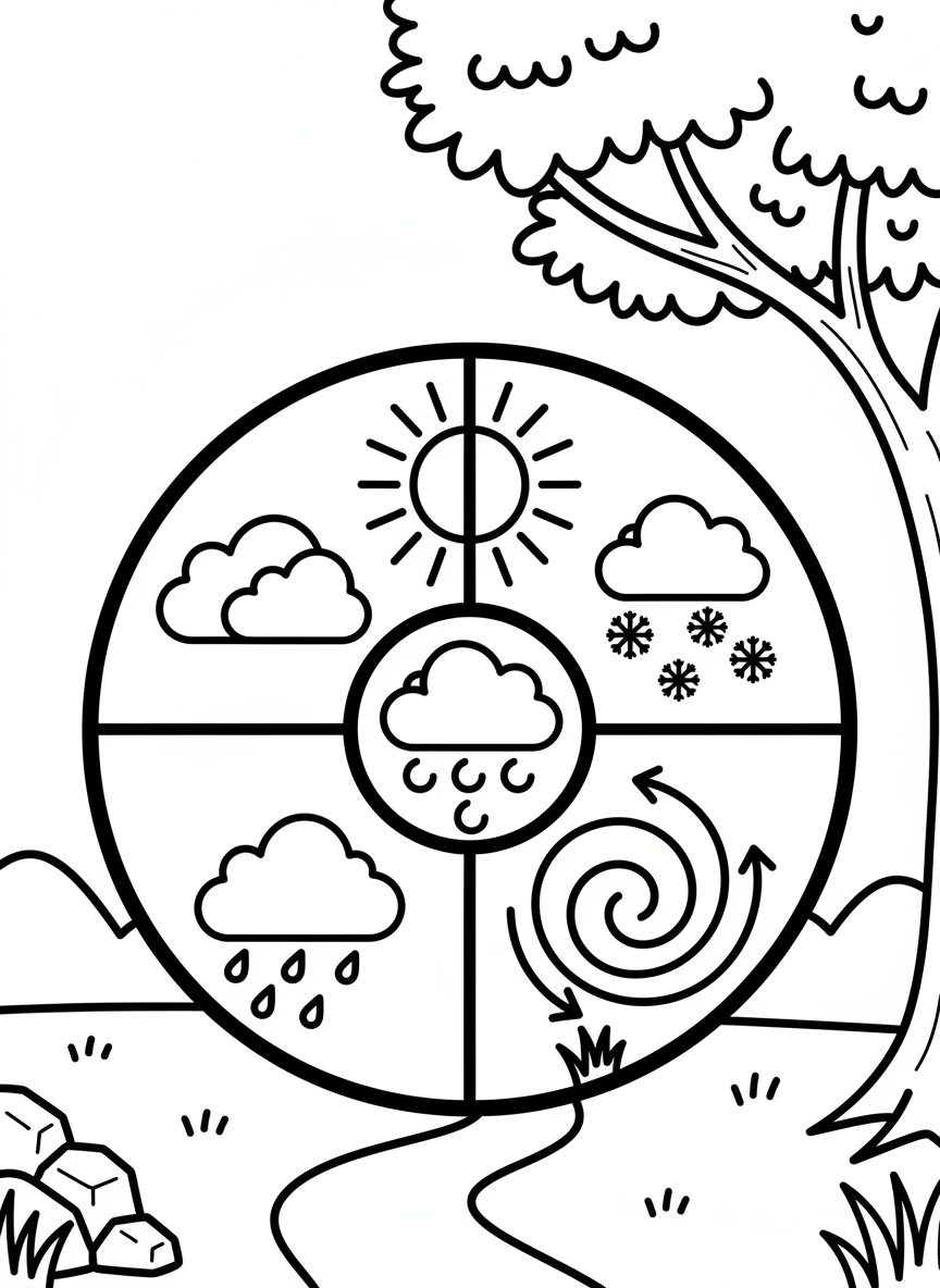 A weather wheel chart divided into sections showing sun, clouds, rain, snow, and wind with simple icons children can identify.