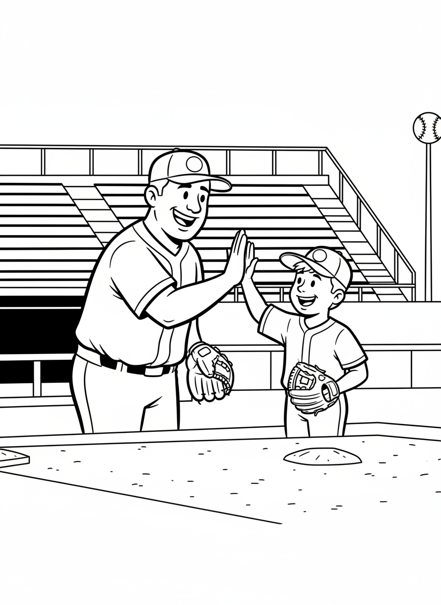 A friendly baseball coach giving a high-five to a young player, both smiling with baseball field and bleachers behind them.