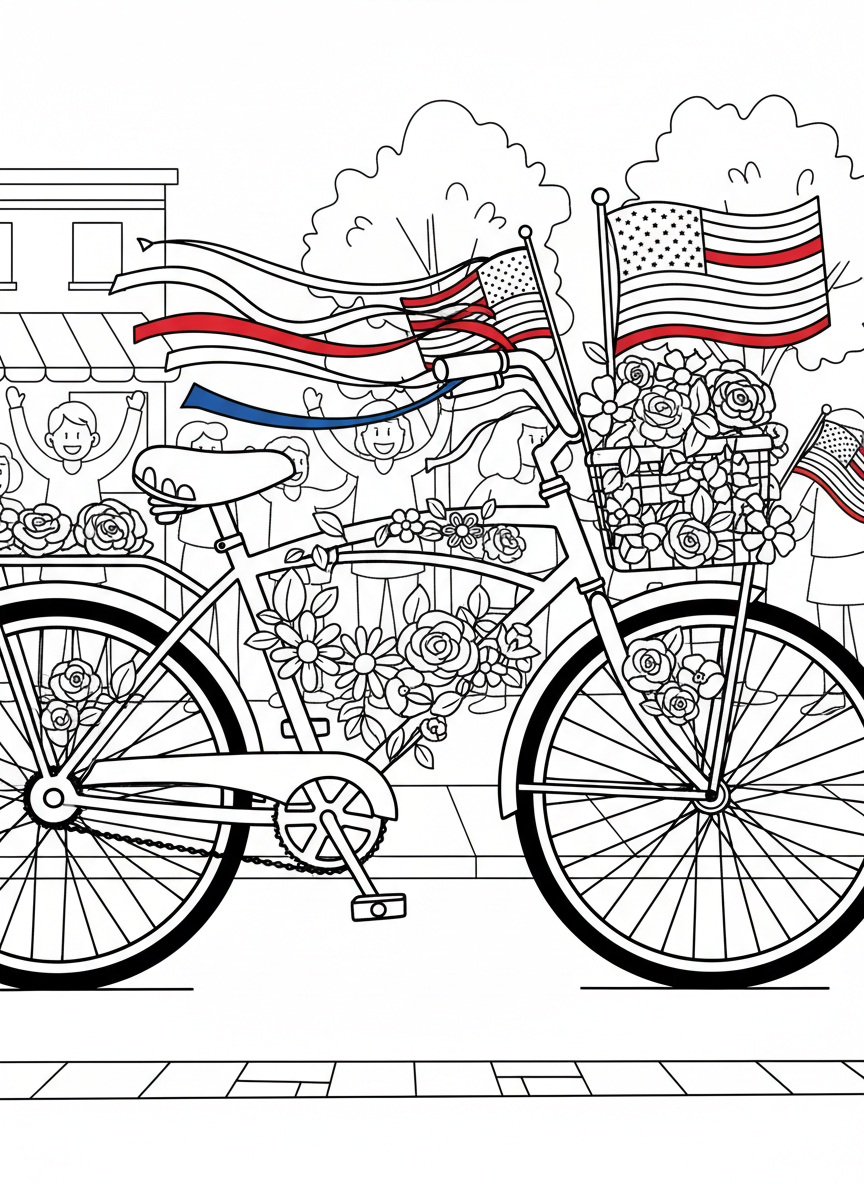 A patriotic bicycle decorated with streamers, flags, and flowers ready for a Memorial Day parade.