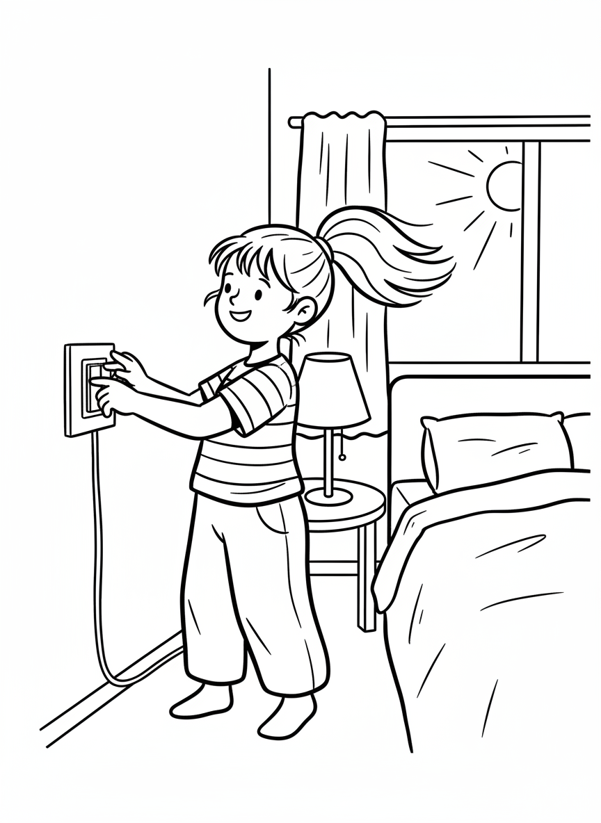 A smiling girl turning off a light switch to save energy, with a lamp and window showing sunshine in a simple bedroom setting.