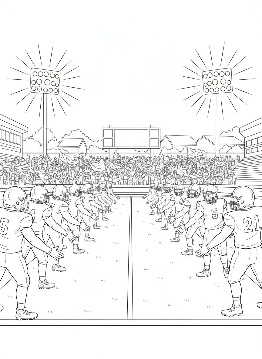 Friday Night Lights coloring page prompts capturing high school football atmosphere, community pride, and glowing stadium scenes.	The final whistle blowing as players shake hands and lights continue to glow over the field.