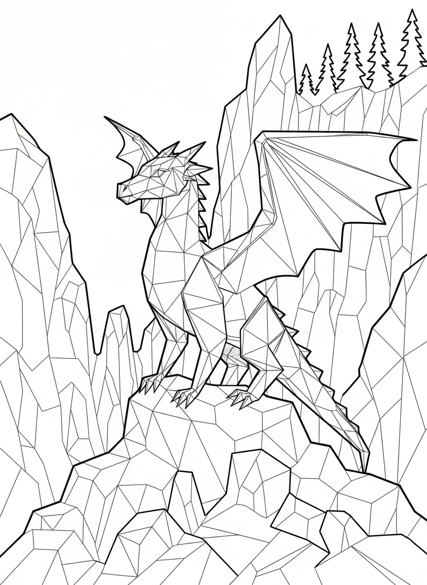 An origami dragon with crystalline geometric patterns covering its body, perched on a rock with detailed angular facets throughout.