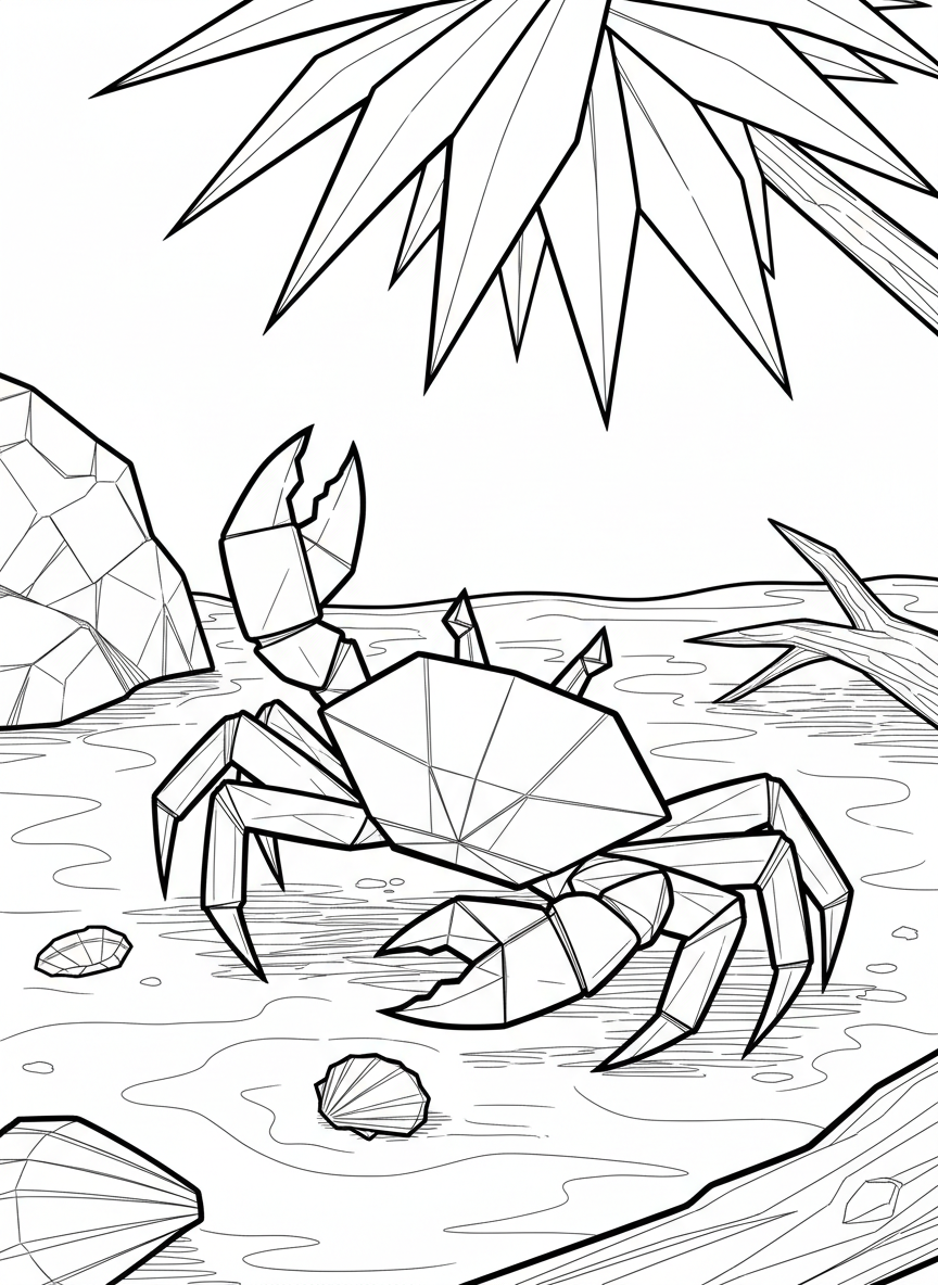 A playful origami crab with geometric claws and legs, showing paper fold details and angular body segments on a sandy beach.