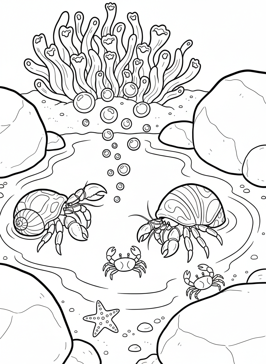 Two hermit crabs playing near a tide pool with bubbles, small crabs, and colorful sea anemones blooming.