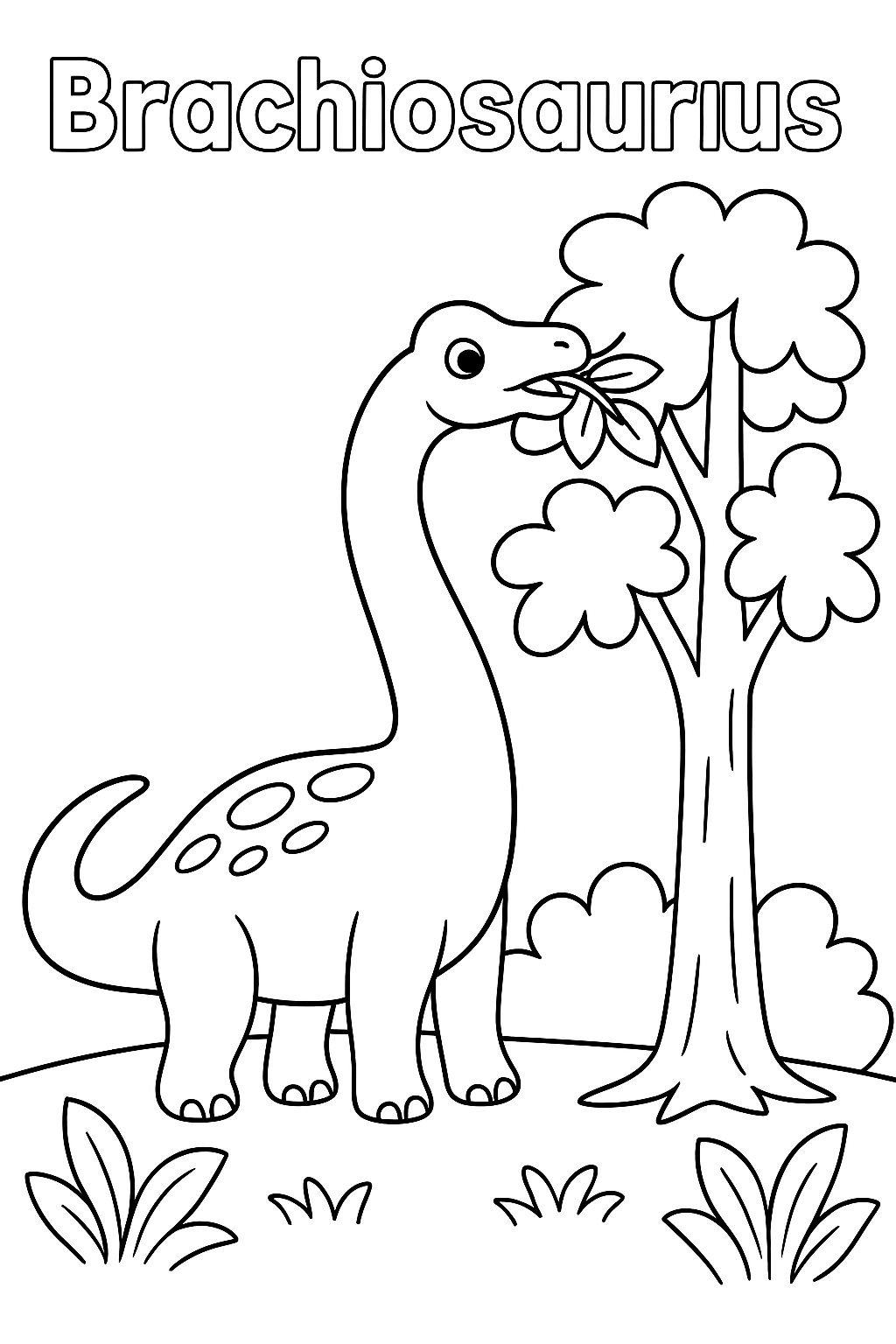 A long-necked Brachiosaurus eating leaves from a tall tree, in a coloring page style with thick outlines.