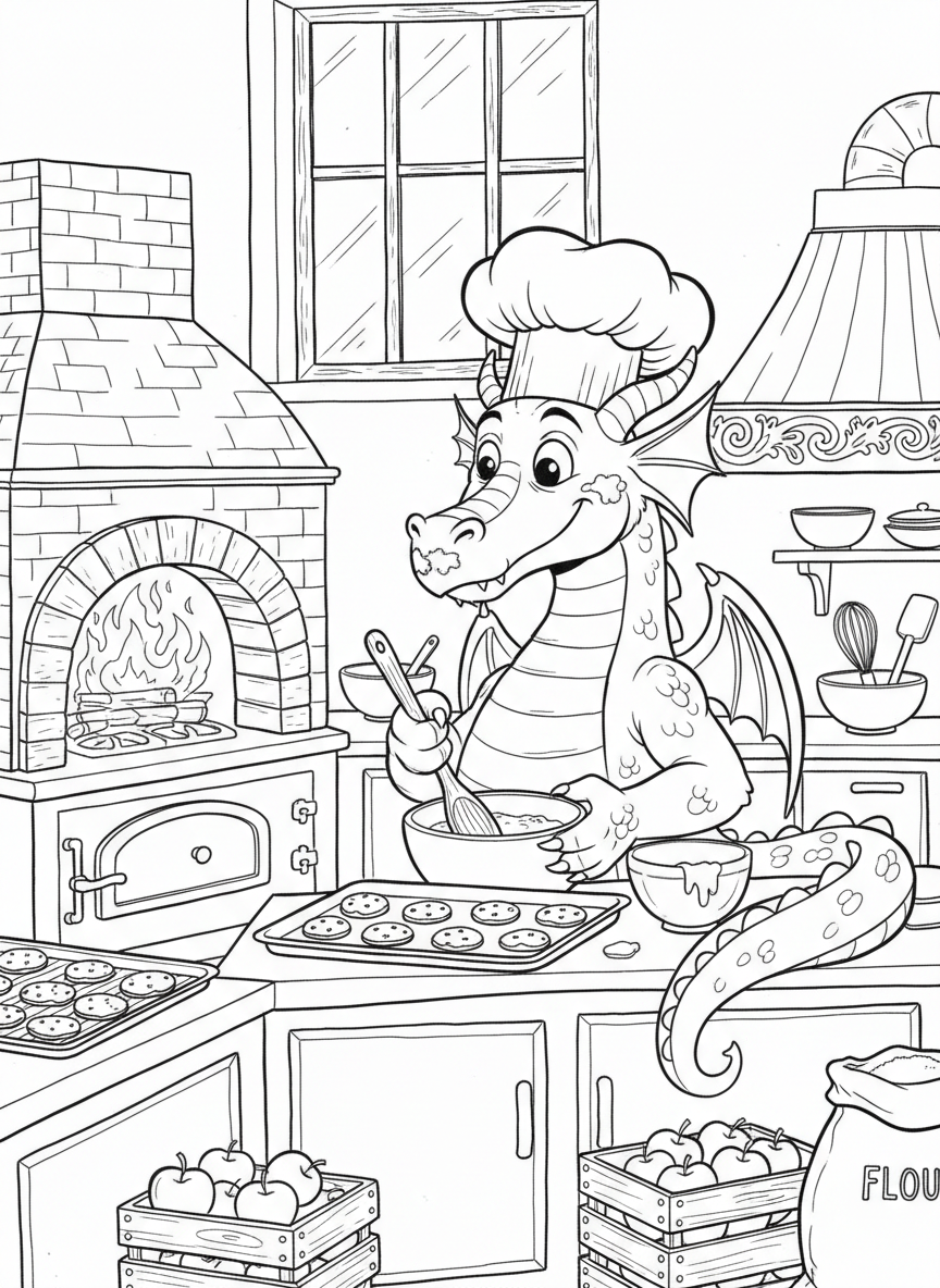 A dragon wearing a chef's hat baking cookies in a kitchen, with an oven and mixing bowls visible