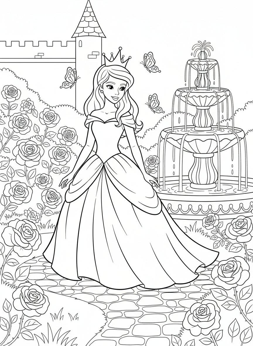 A princess wearing a flowing gown and crown stands in a castle garden filled with roses, butterflies, and a decorative fountain.