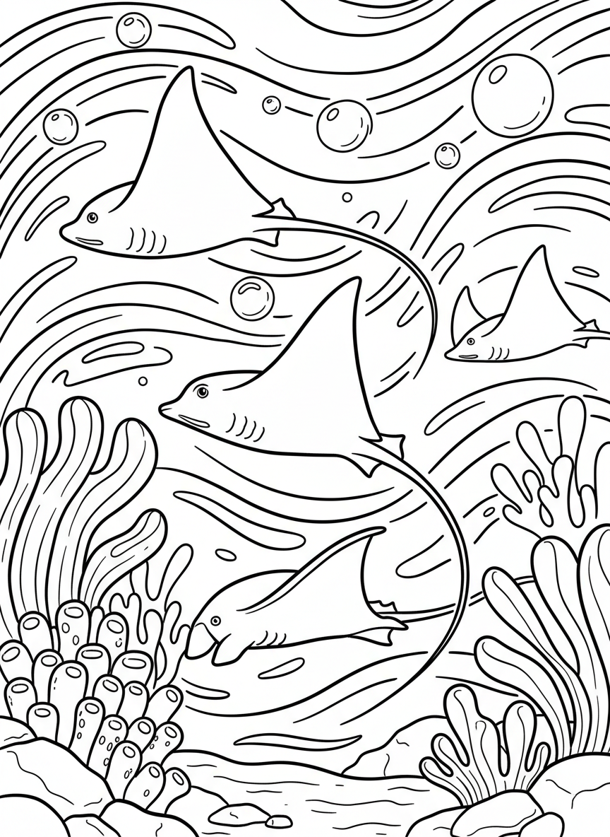 Ocean scene with exactly 4 stingrays gliding gracefully with flowing tails, positioned at different angles for variety and counting practice.