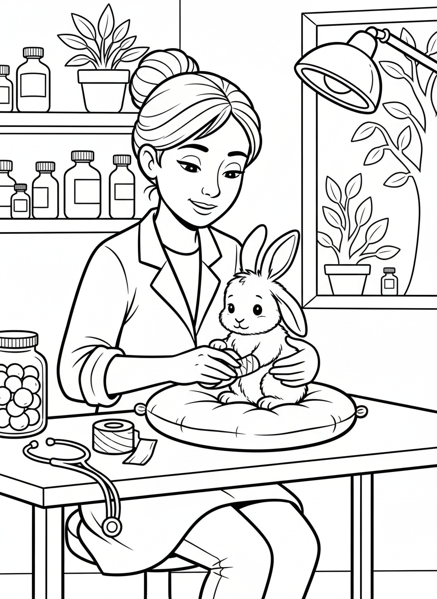 A veterinarian gently bandaging a bunny's paw while the rabbit sits calmly on a cushioned table, medical supplies nearby