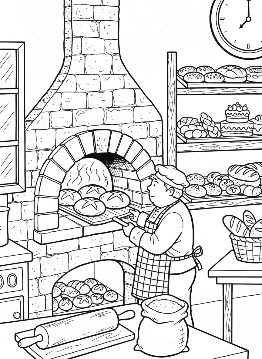 A baker pulling fresh bread from an oven, wearing an apron, with shelves of pastries and baked goods visible.