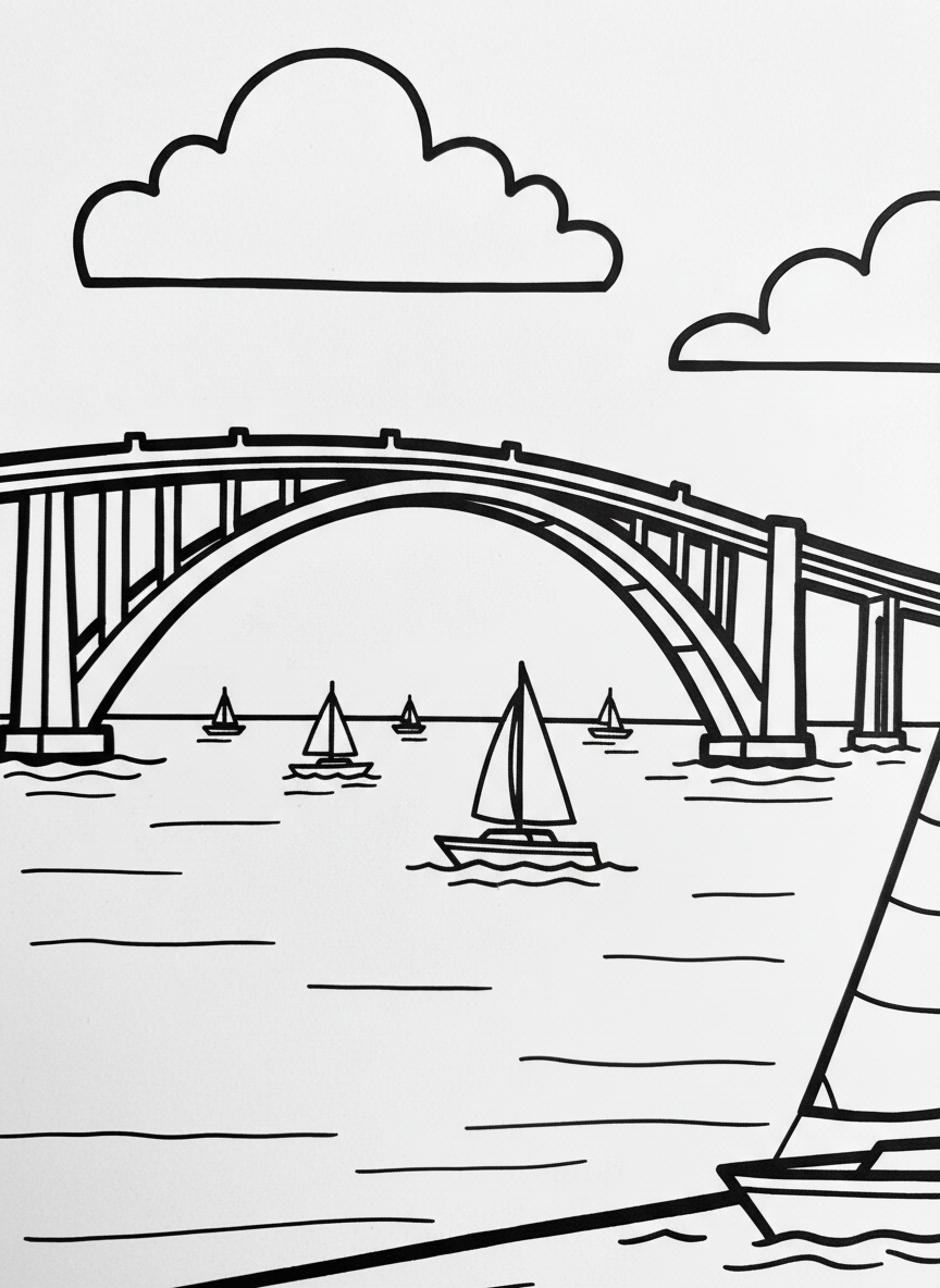 The iconic Coronado Bridge arching over San Diego Bay with sailboats below and clouds above, clean outlines perfect for kids
