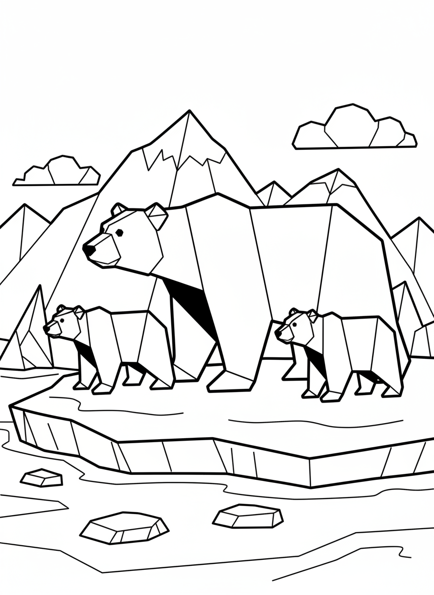 An origami polar bear family with parent and two cubs, different sizes showing scale, simple geometric shapes in a group composition