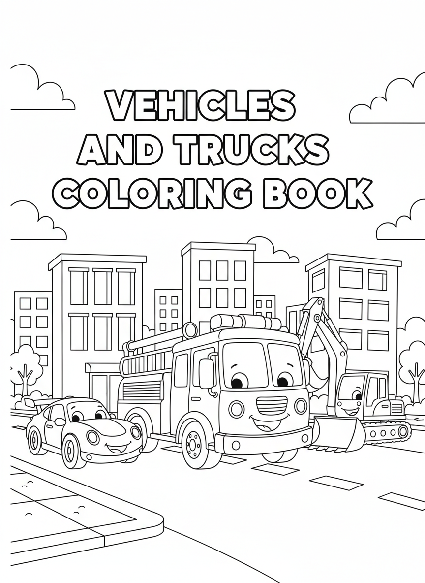 Vehicles and trucks coloring book cover, full-color illustration with a smiling fire truck, race car, and digger on a city street. Title-safe area at top.