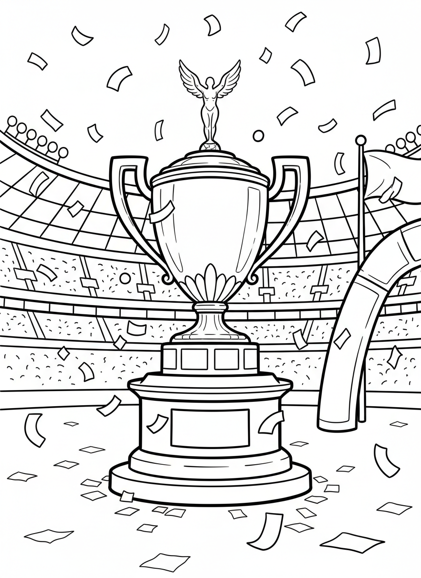 The championship trophy on a podium with confetti falling all around, ready to be presented to the winning team.