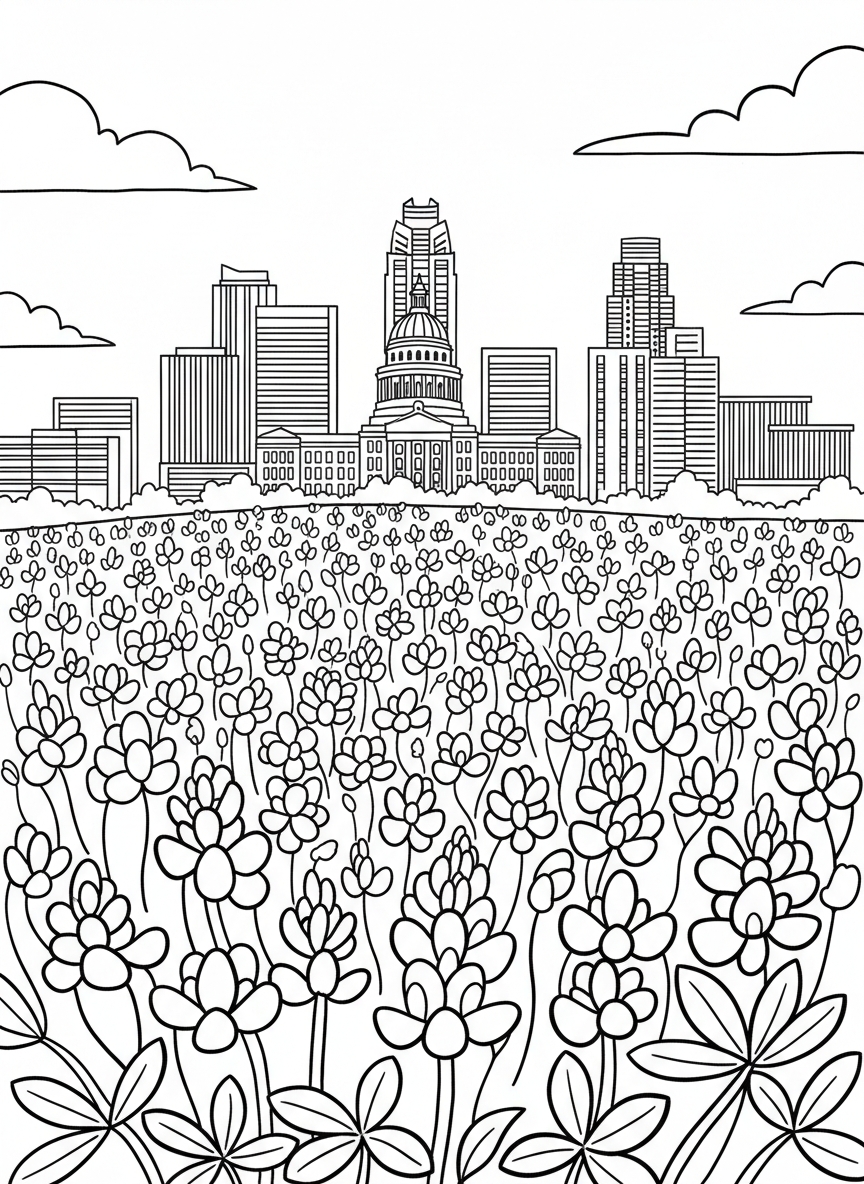 A bluebonnet flower field in the foreground with the Austin skyline in the distance, Texas state flower showcase