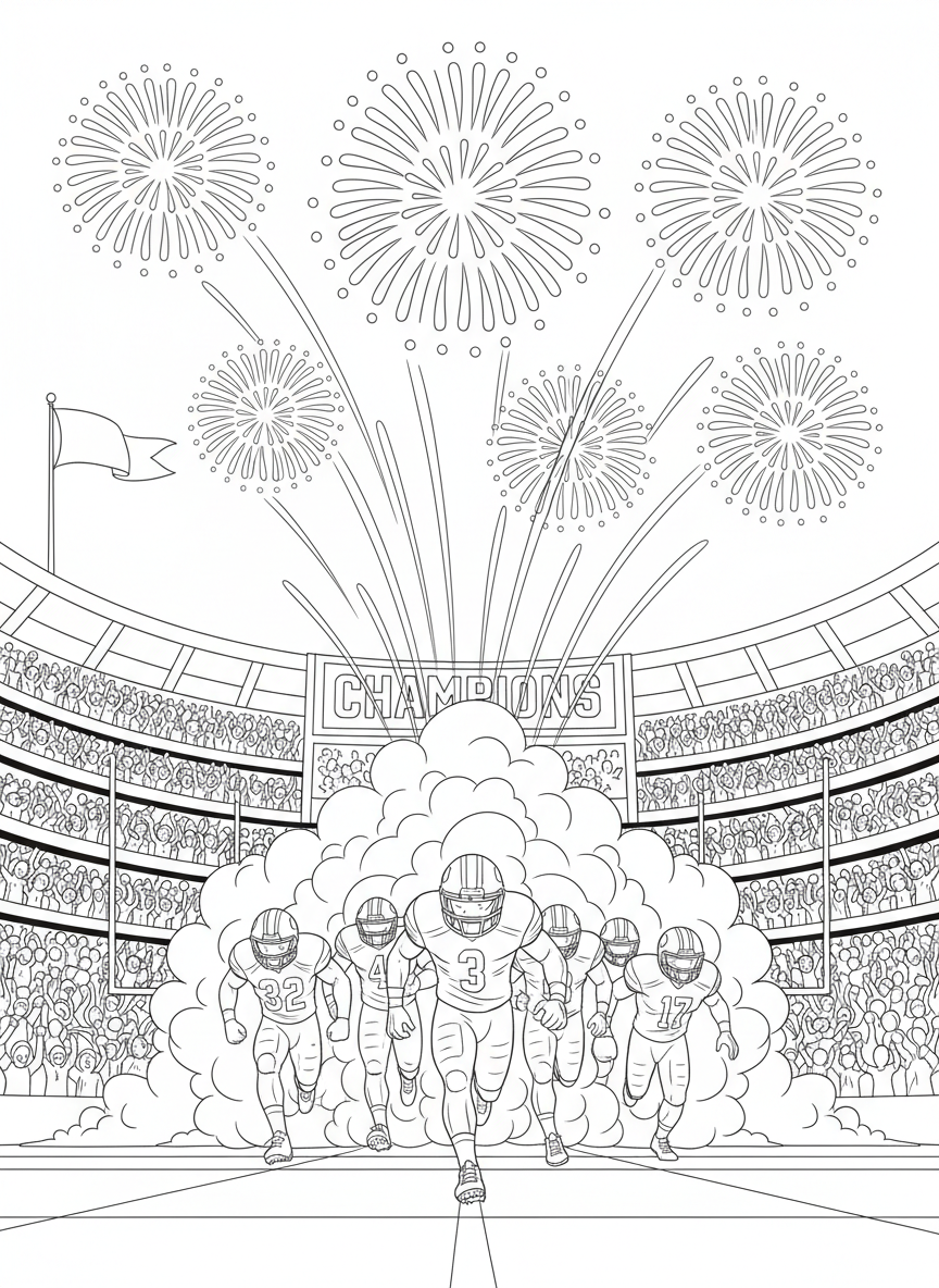 College Football Playoff coloring page prompts capturing tradition, rivalry, pageantry, and high-stakes championship football moments.	A dramatic pregame entrance with players bursting through a tunnel of smoke, helmets shining while fireworks flare overhead and the crowd roars in unison.
